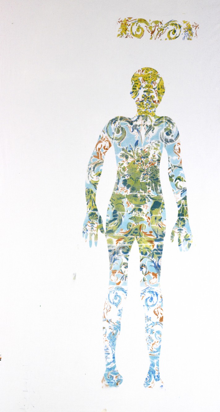 Standing boy, 2015, 194 x 106 cm, spray enamel on cotton